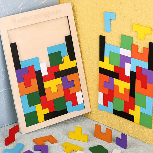 Brinquedo ducativo Tabuleiro Tetris Quebra cabeça 3D Tangram de madeira Mdf Montessori